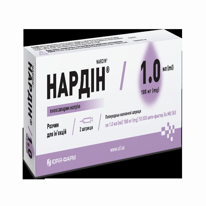 НАРДІН® розчин для ін’єкцій 100 мг/мл по 1,0 мл (100 мг) у попередньо наповненому шприці, по 2 шприци у блістері;по 1 блістеру у картонній коробці